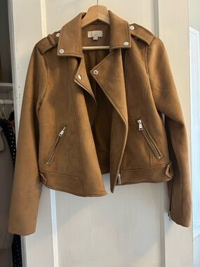 LOFT Camel/Tan Suede Moto Jacket with Silver Hardware